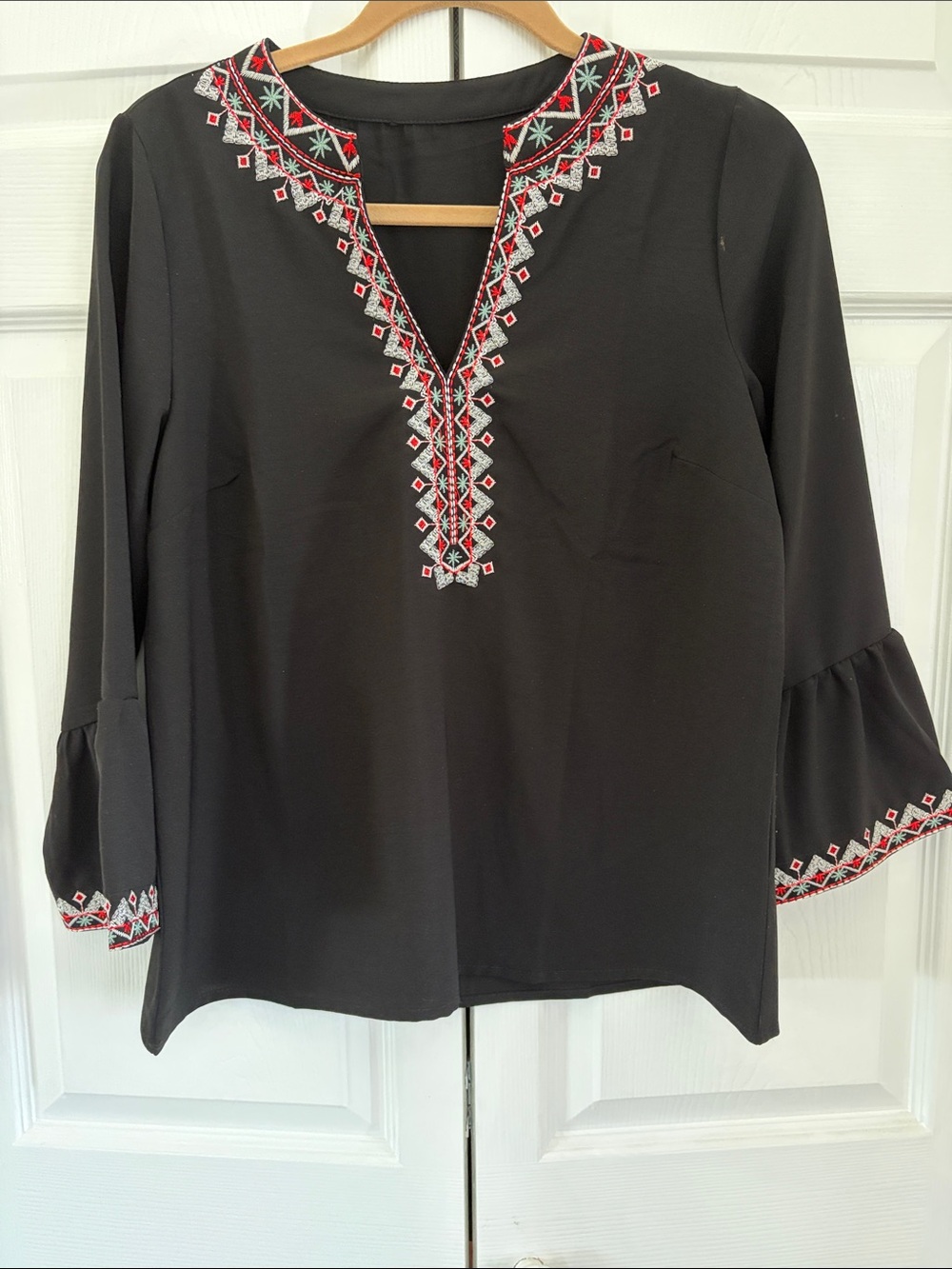 Black Embroidered V-Neck Women's Top